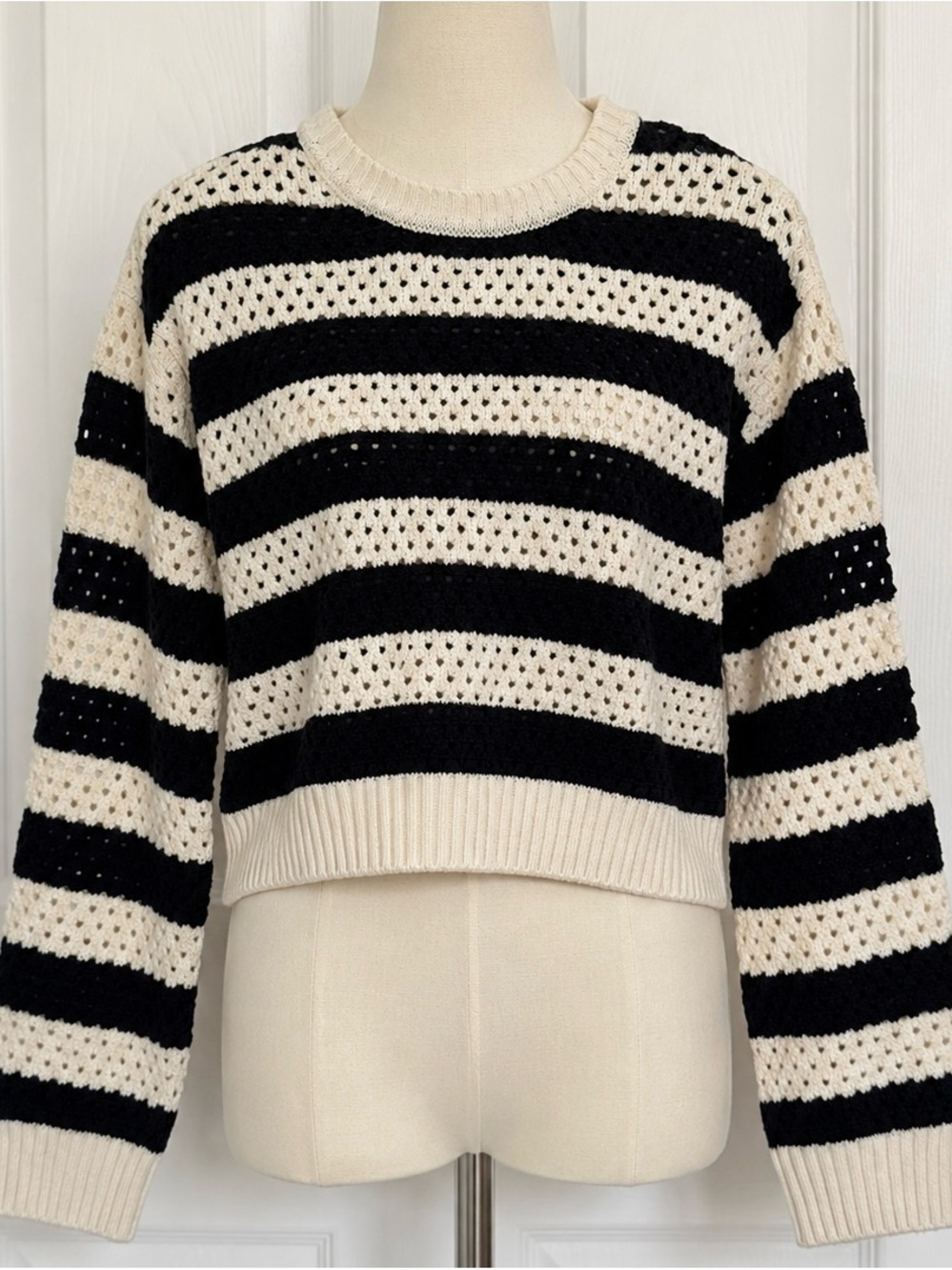 H&M Black & Cream Striped Open-Weave Crewneck Sweater
